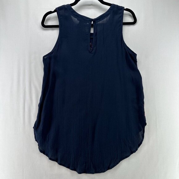 Lucky Brand Top Womens S Sleeveless Round Neck Rounded Hem Embroidered Navy Blue - Picture 2 of 9